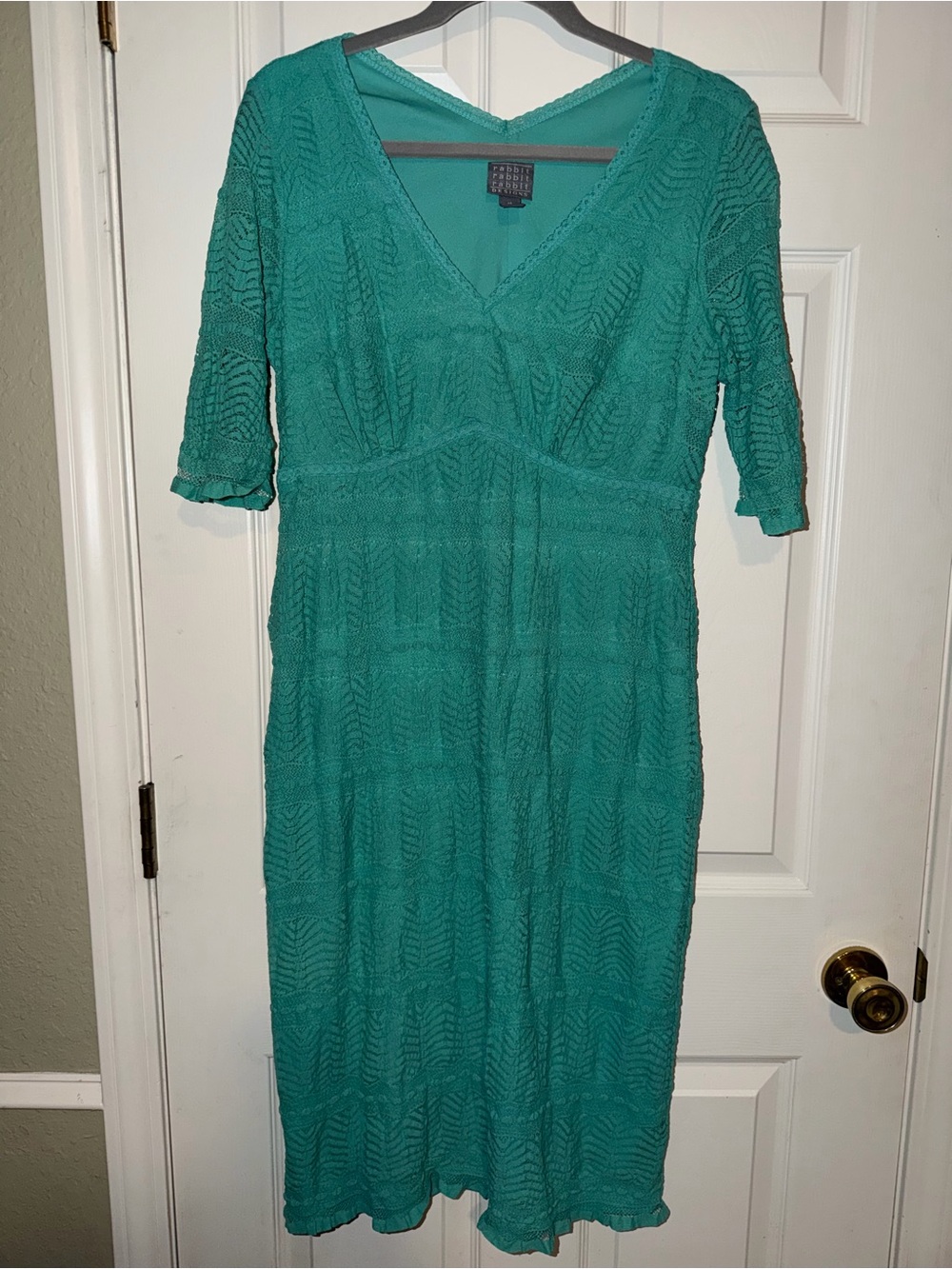 Rabbit Rabbit‎ Rabbit Teal Lace-Texture V-Neck Midi Dress